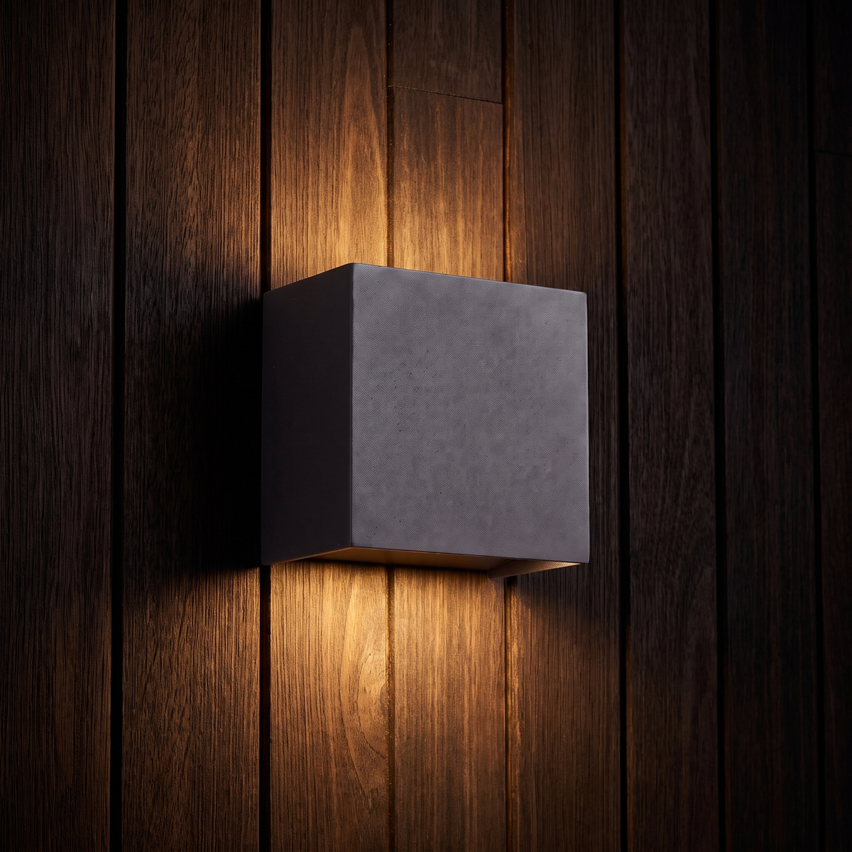 Up & Down Outdoor Wall Light mounted on a dark timber-clad garden wall at night