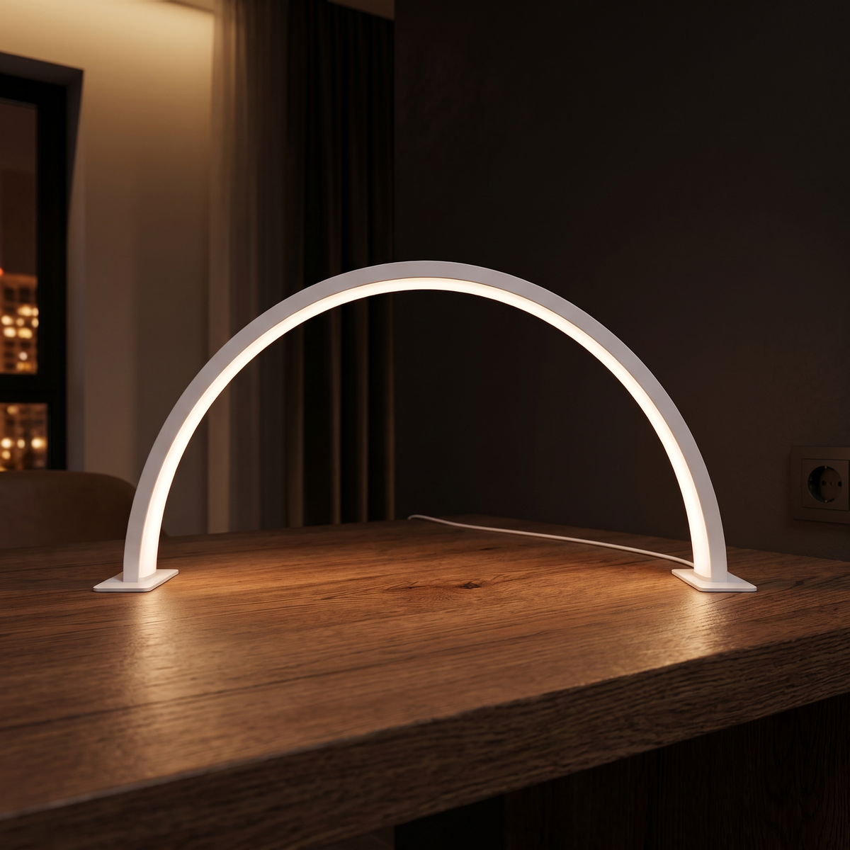 Modern Curved Bar LED Desk Lamp on a dark oak desk in a minimal home office at night