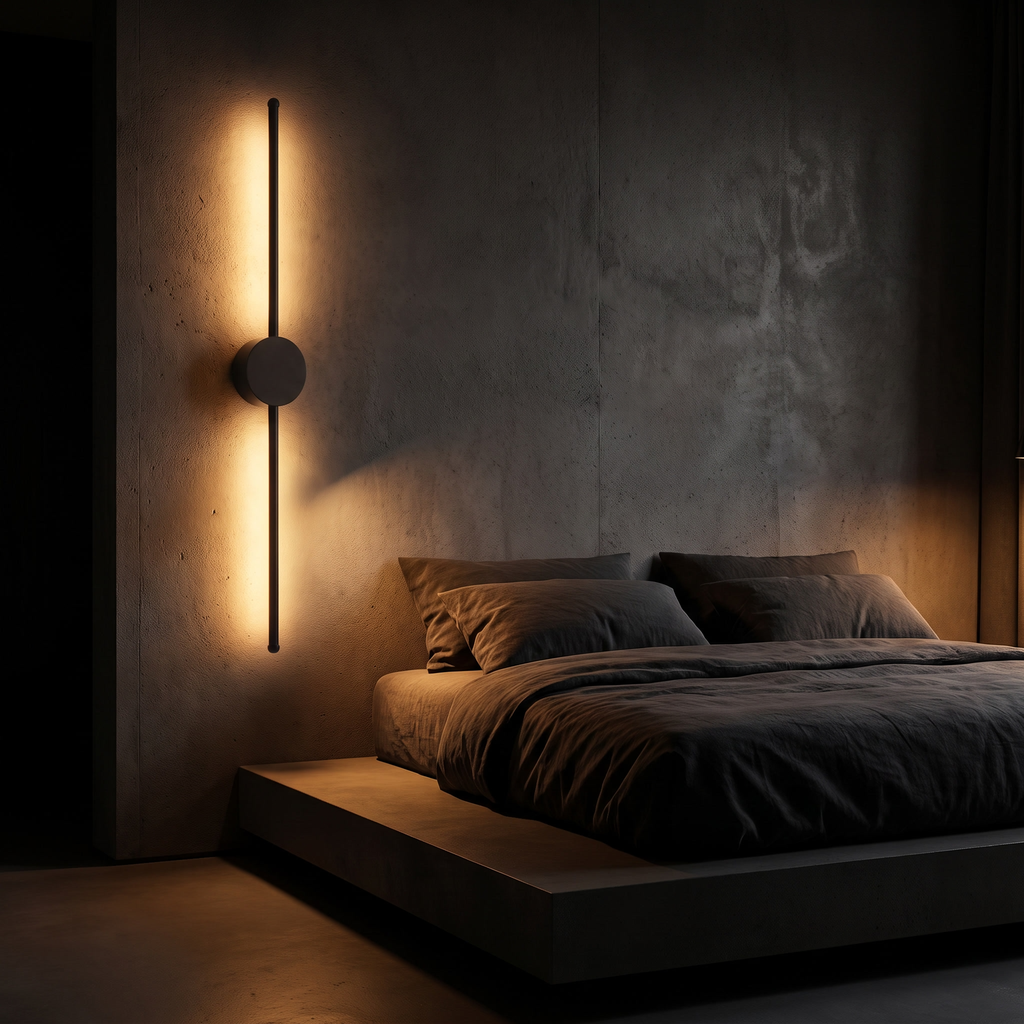 Long Bar LED Wall Light shown to scale mounted vertically beside a bed