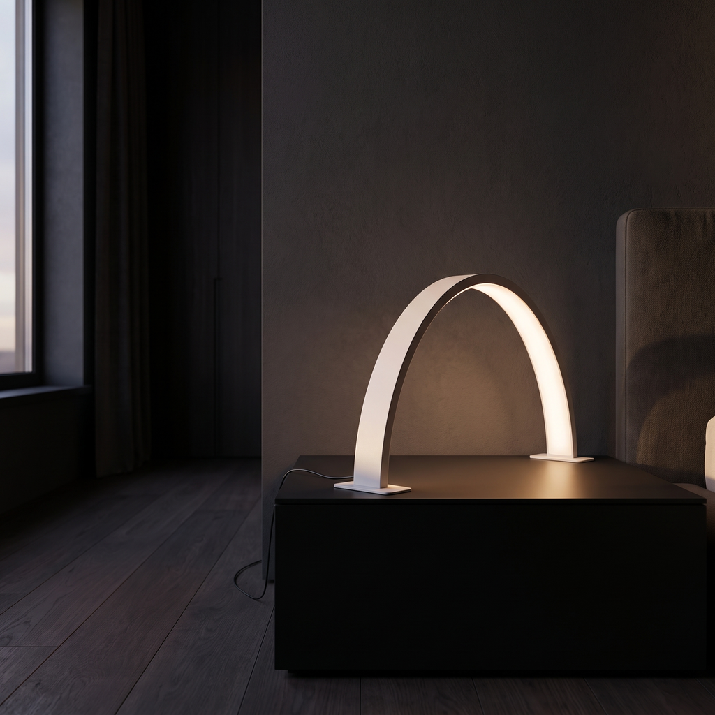 Modern Curved Bar LED Desk Lamp on a black bedside table in a dark bedroom