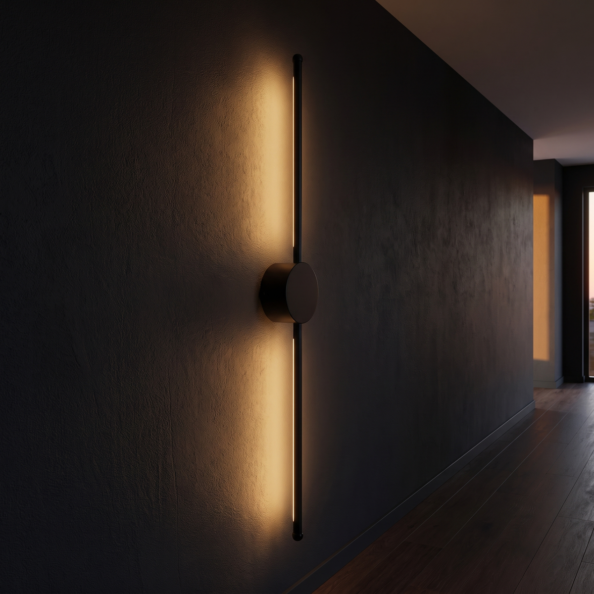 Long Bar LED Wall Light mounted in a dark hallway washing the wall with warm light