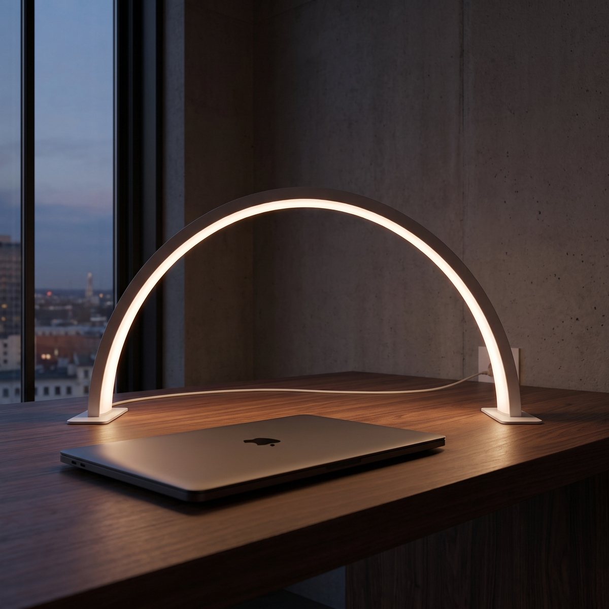 Modern Curved Bar LED Desk Lamp shown to scale on a desk beside a closed laptop