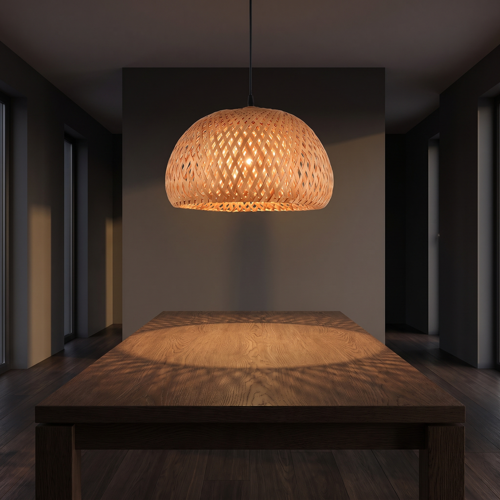 Woven Bamboo Dome Pendant Light hanging over a dark oak dining table