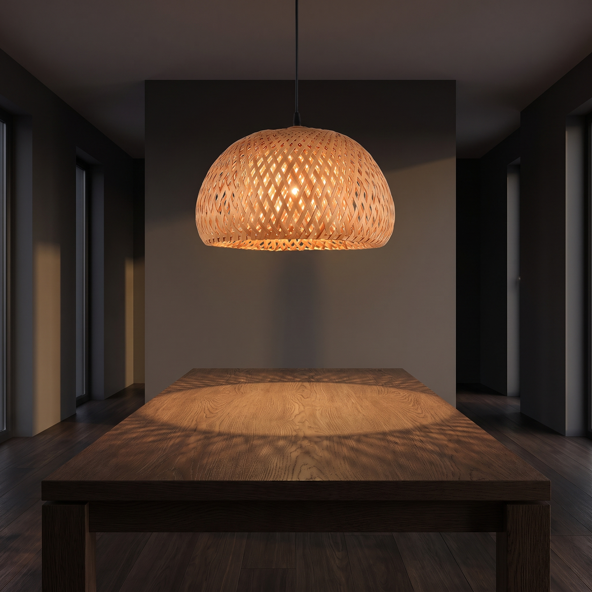 Woven Bamboo Dome Pendant Light hanging over a dark oak dining table