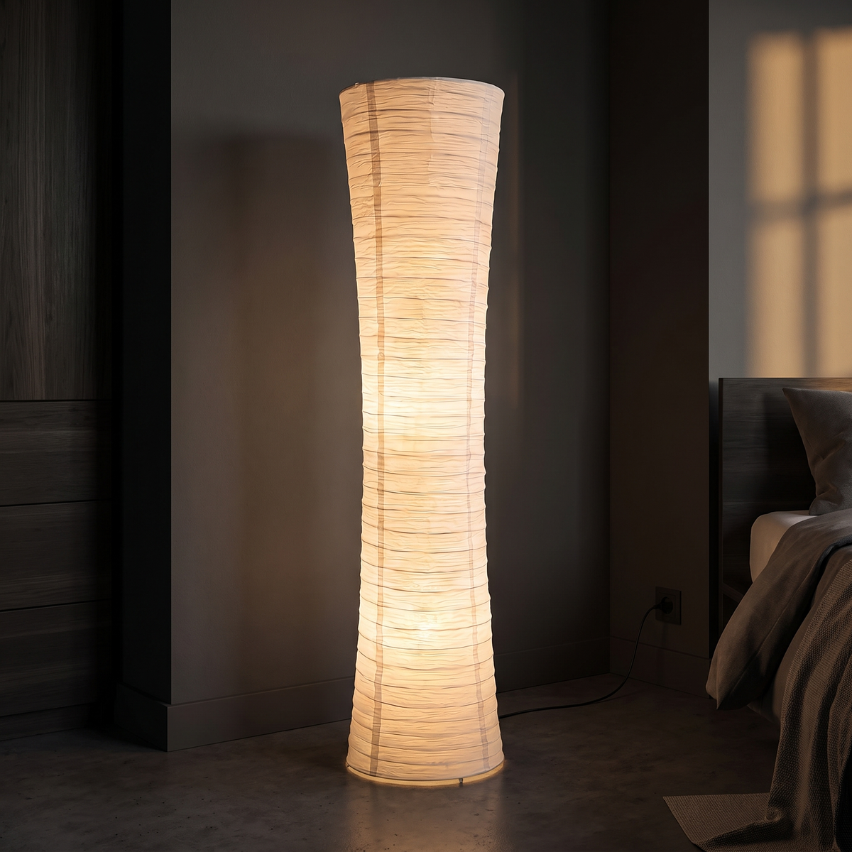 Rice Paper Column Floor Lamp in the corner of a dark minimal bedroom