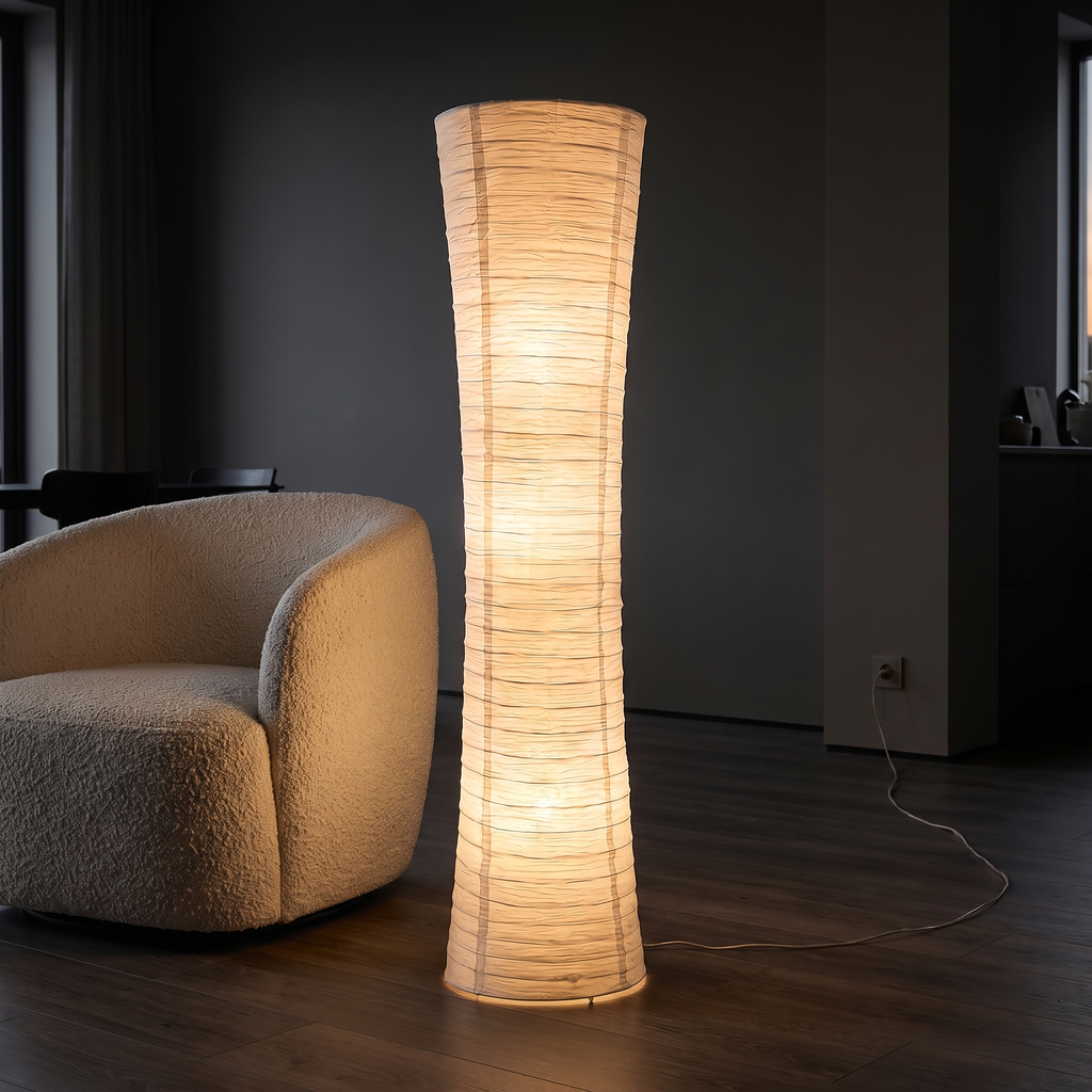 Rice Paper Column Floor Lamp beside a boucle armchair in a dark living room