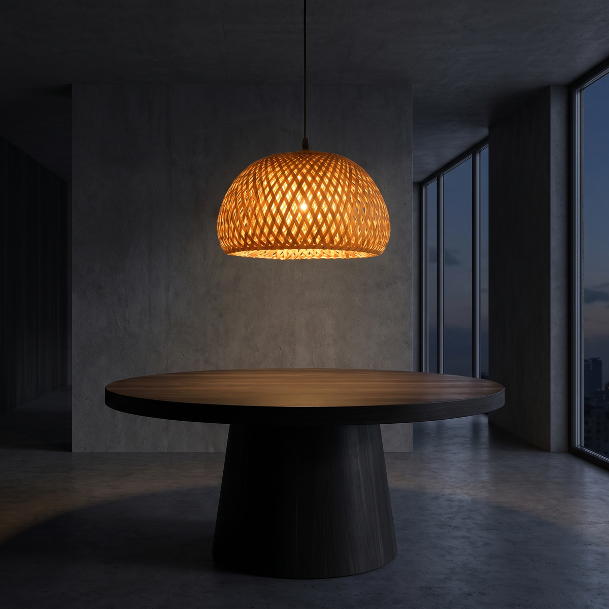 Woven Bamboo Dome Pendant Light shown to scale hanging over a round dining table
