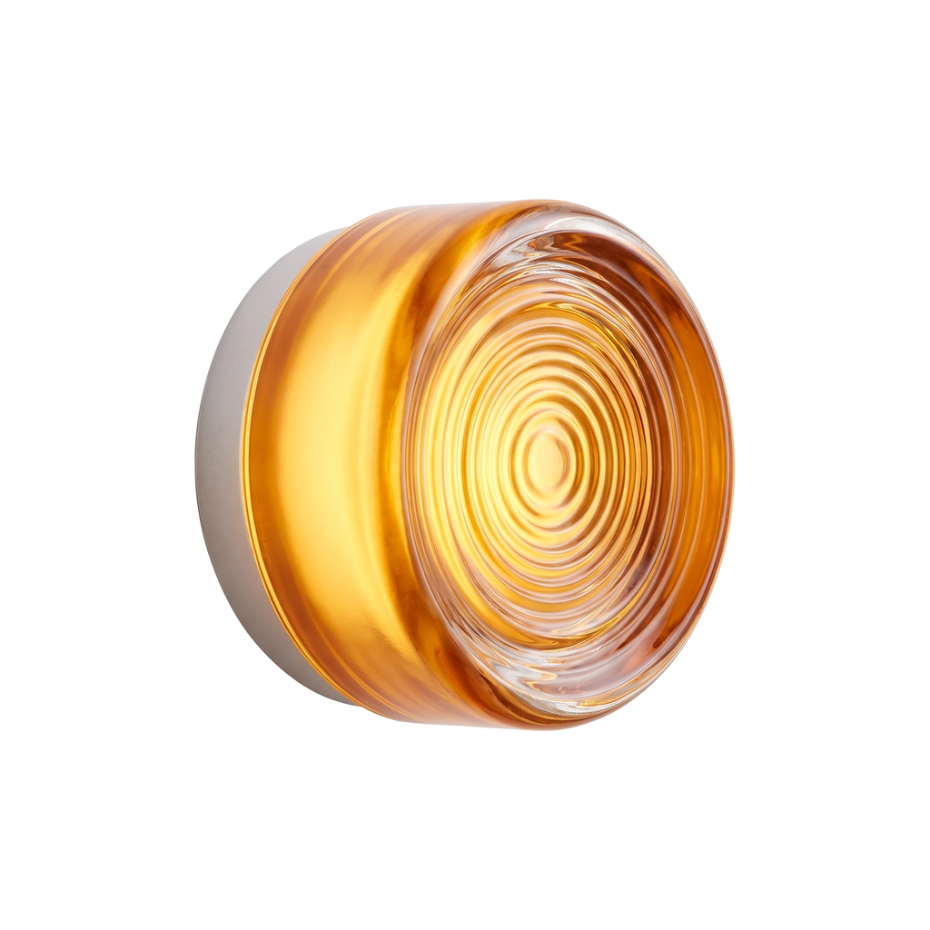 Round acrylic LED wall sconce in amber on white background