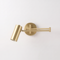 Swing arm cylinder wall sconce in brass on white background