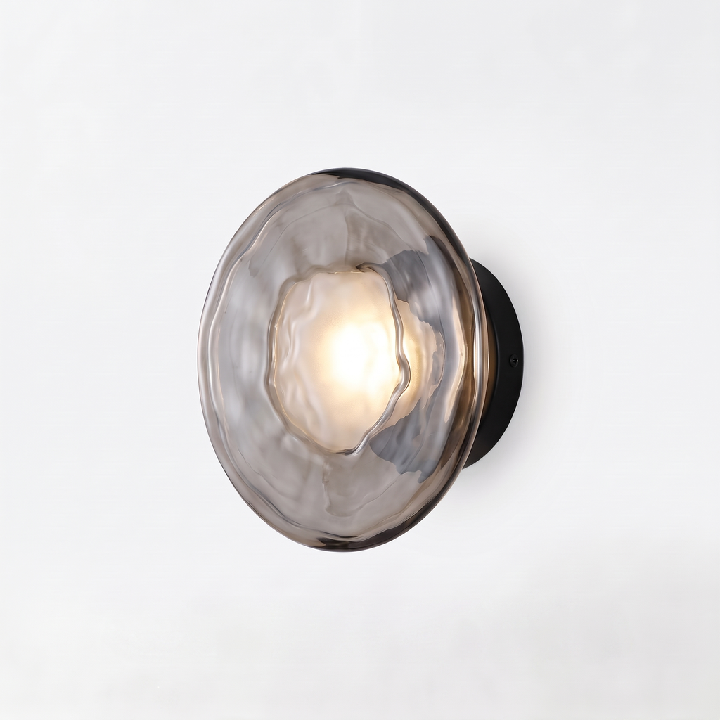 Glass disc wall sconce, single style with smoky gray glass, on white background