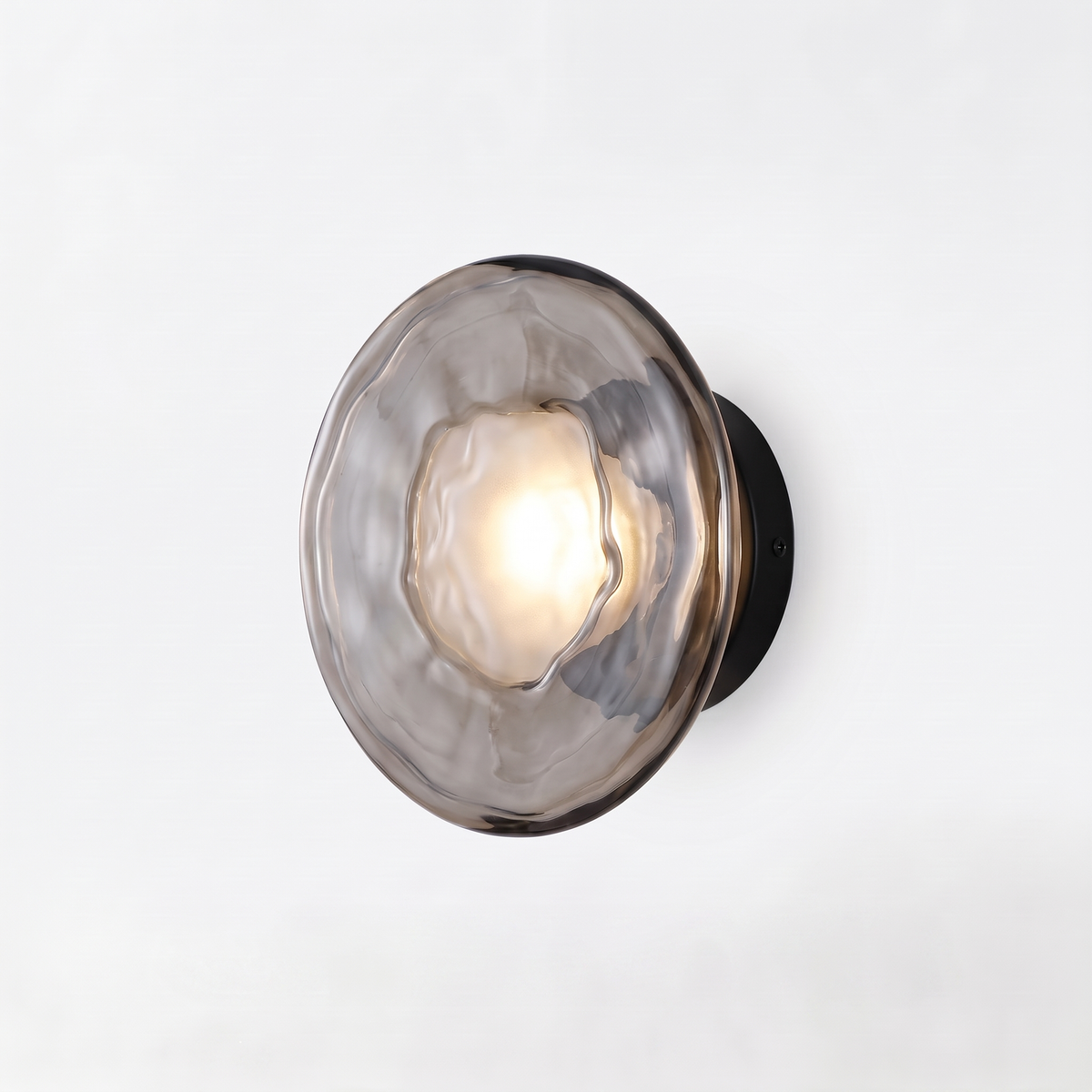 Glass disc wall sconce, single style with smoky gray glass, on white background