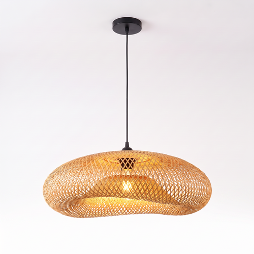 Woven bamboo wave pendant light on white background