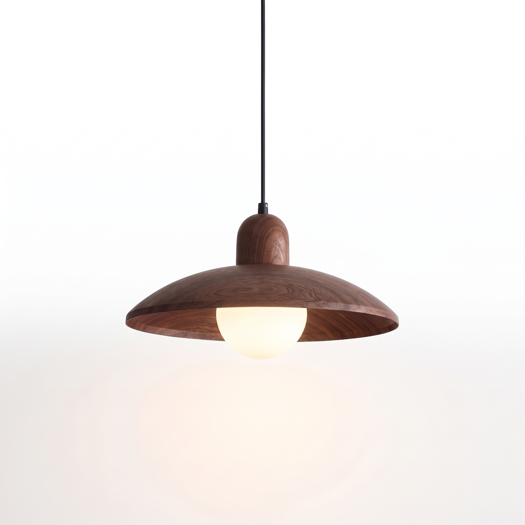 Walnut-finish dome pendant light with opal glass globe on white background