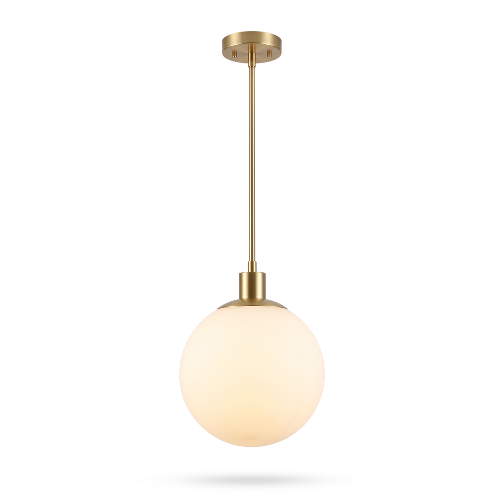 Milk glass globe pendant light in brass on white background