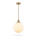 Milk glass globe pendant light in brass on white background