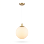 Milk glass globe pendant light in brass on white background