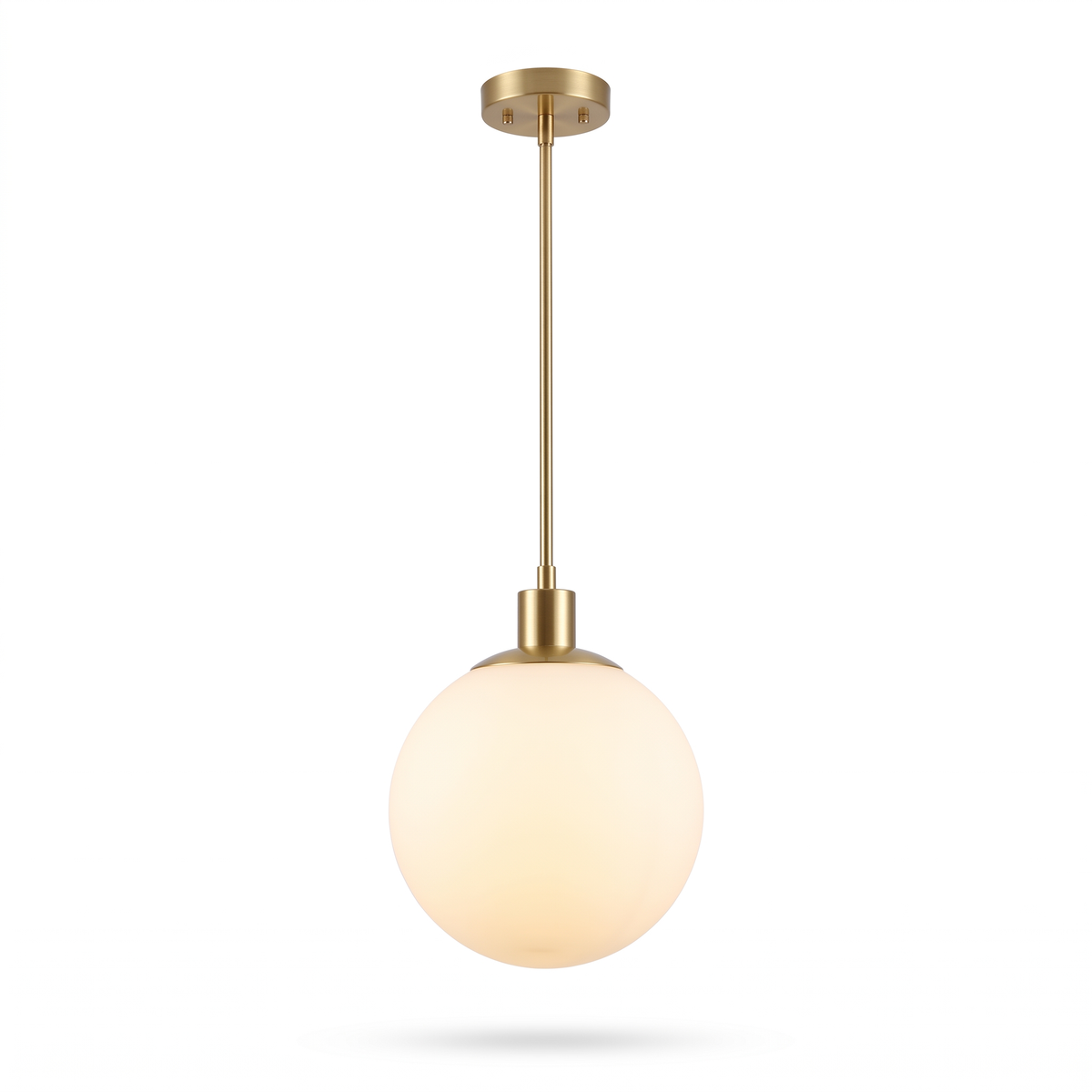 Milk glass globe pendant light in brass on white background