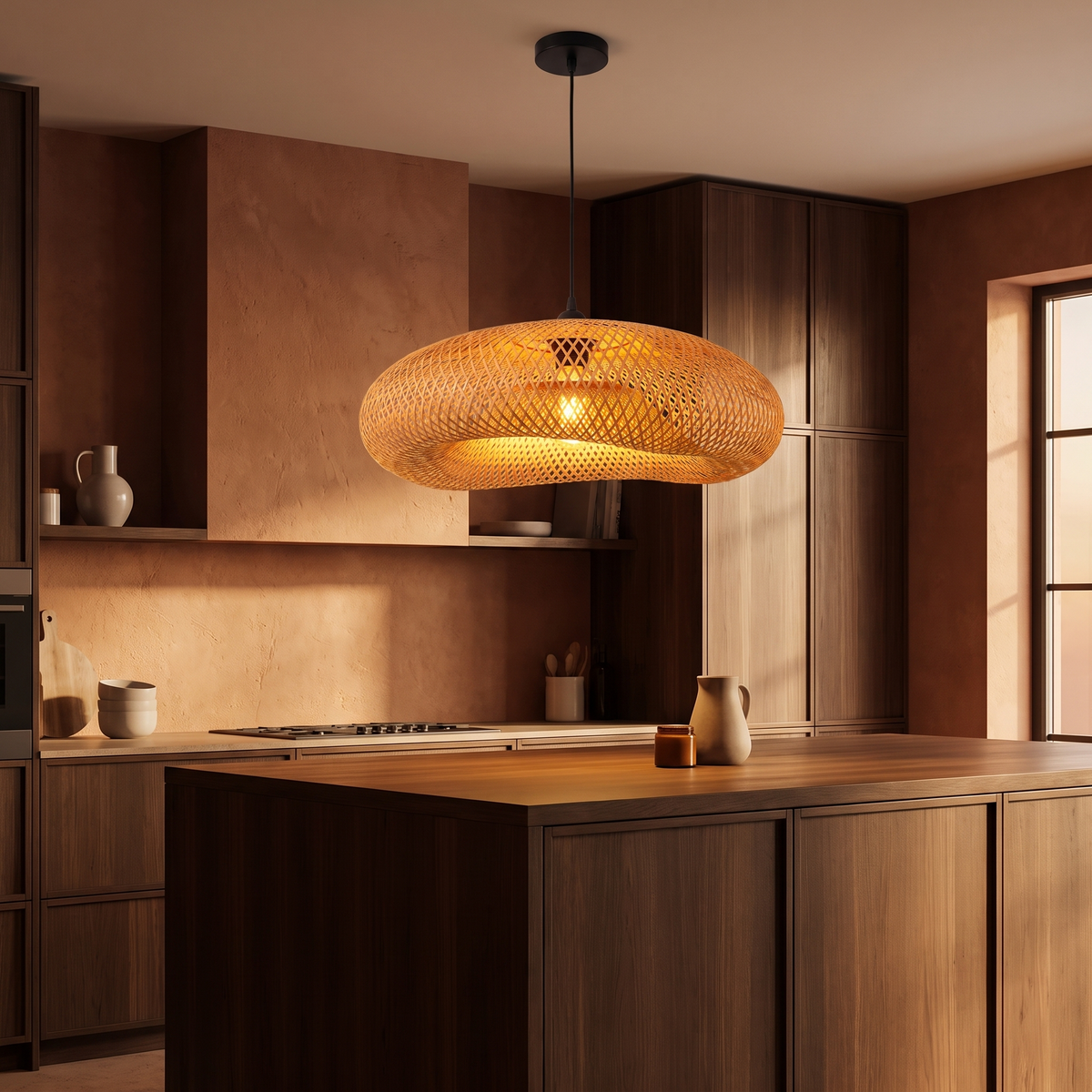 Woven bamboo wave pendant light, hanging above a kitchen island in a warm earthy kitchen
