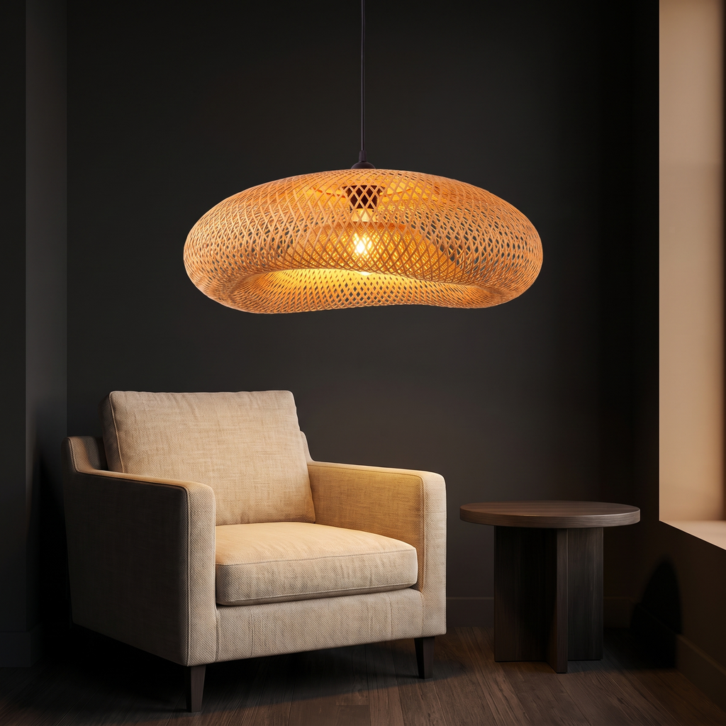 Woven bamboo wave pendant light, hanging in a cozy reading corner above a linen armchair
