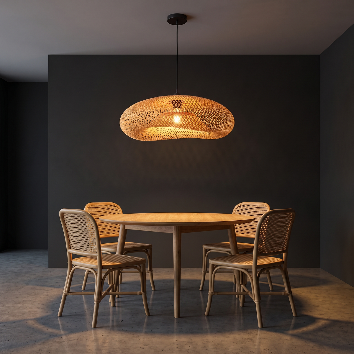 Woven bamboo wave pendant light, hanging over a round oak dining table with rattan chairs