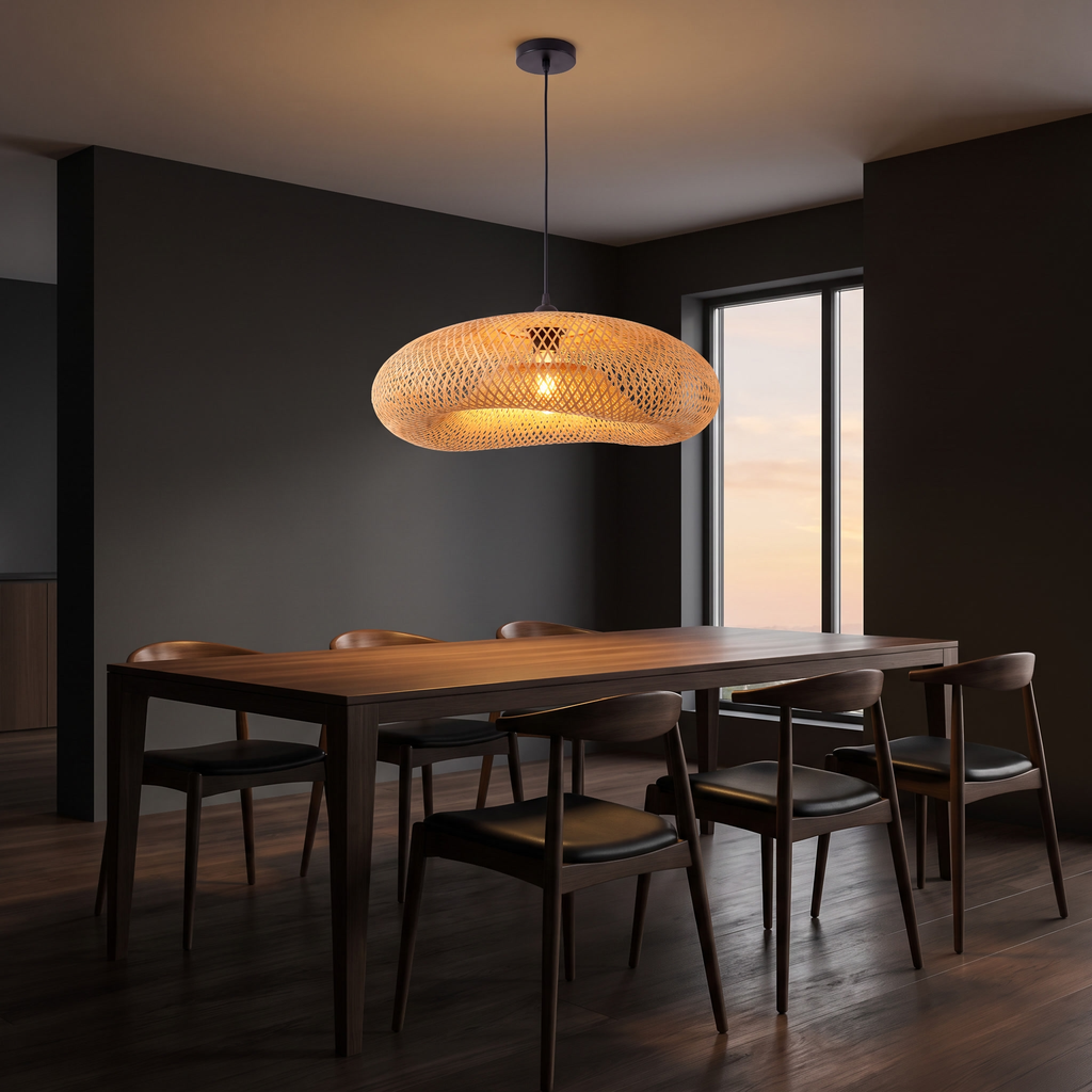 Woven bamboo wave pendant light shown to scale, over a 6-seat dining table