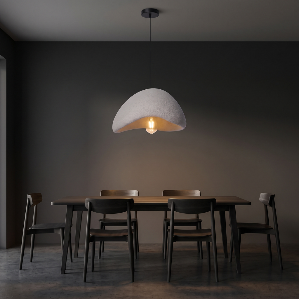 Wabi sabi stone-look pendant light shown to scale, hanging over a 4-seat dining table