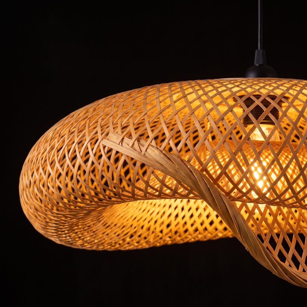 Close-up of the woven bamboo wave pendant light