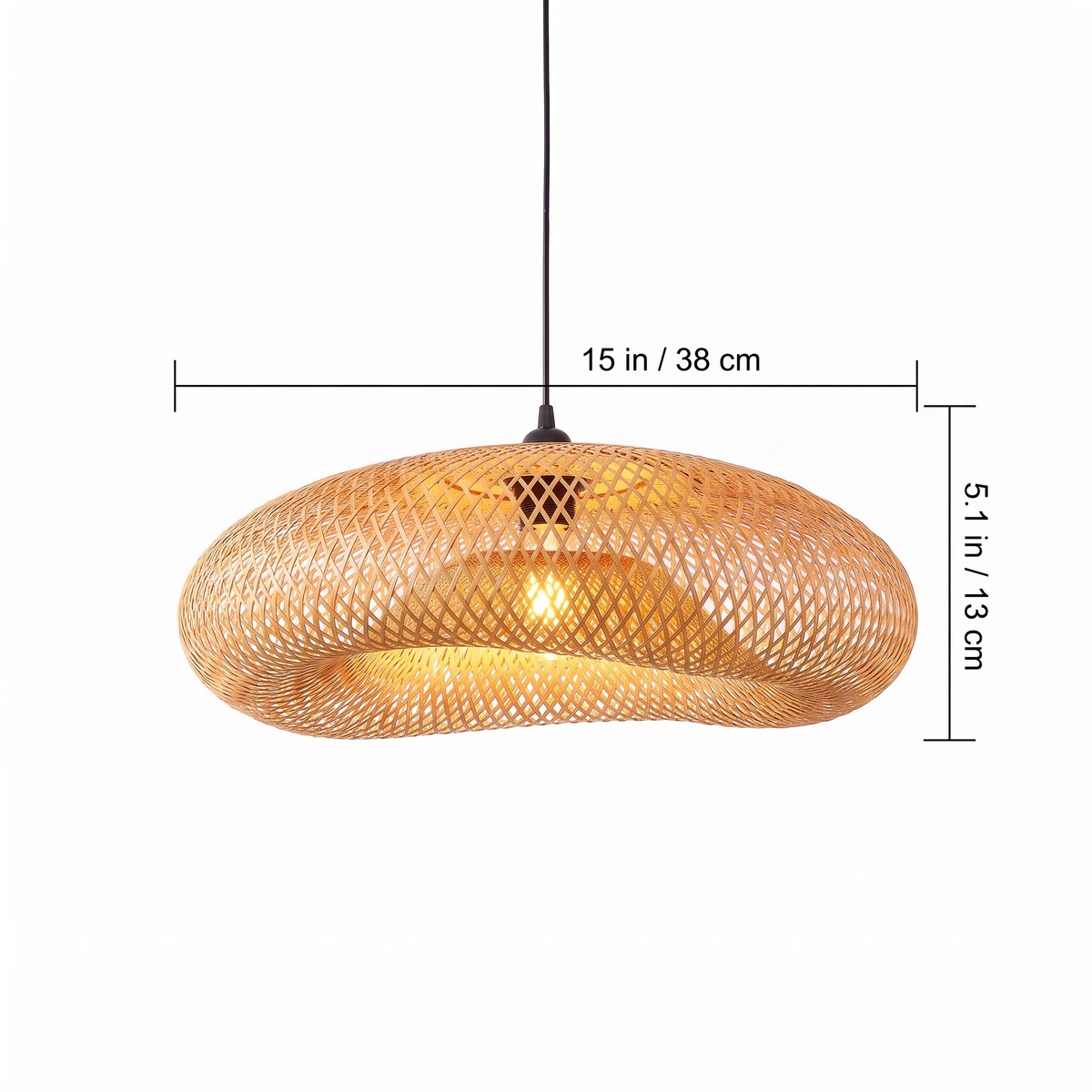 Woven bamboo wave pendant light dimensions with size labels