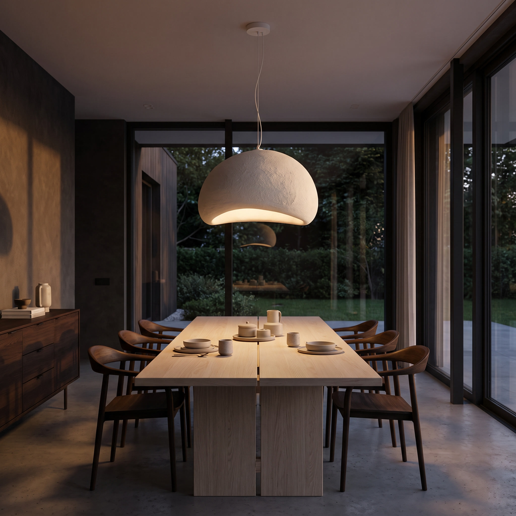 Japandi white cloud pendant light, hanging over a pale oak dining table in a Japandi dining room