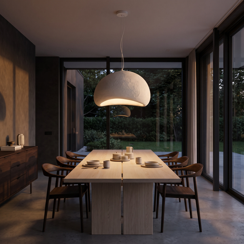 Japandi white cloud pendant light, hanging over a pale oak dining table in a Japandi dining room