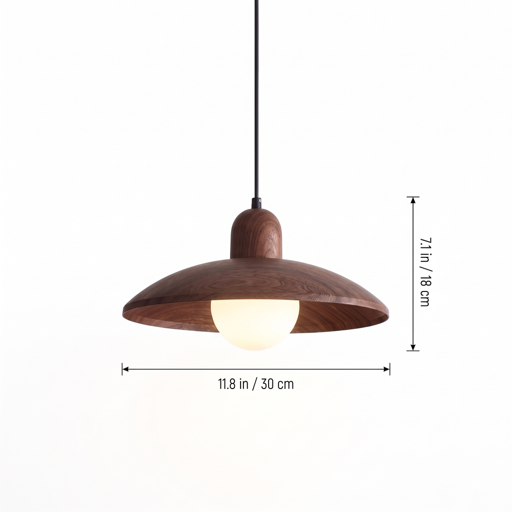 Walnut-finish dome pendant light dimensions with size labels