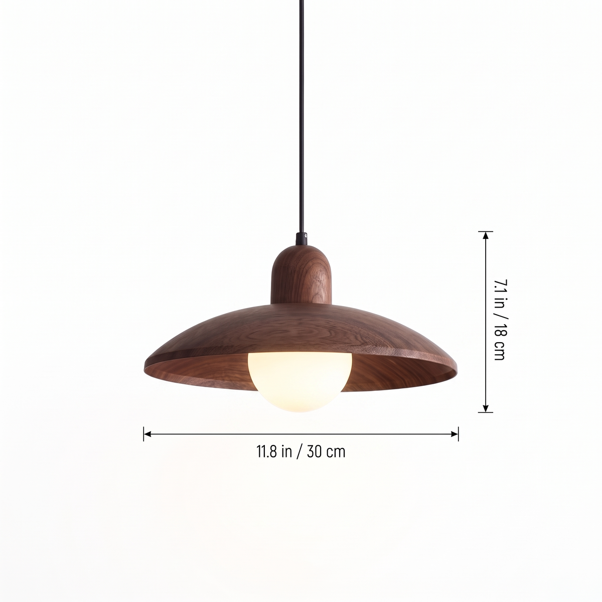 Walnut-finish dome pendant light dimensions with size labels