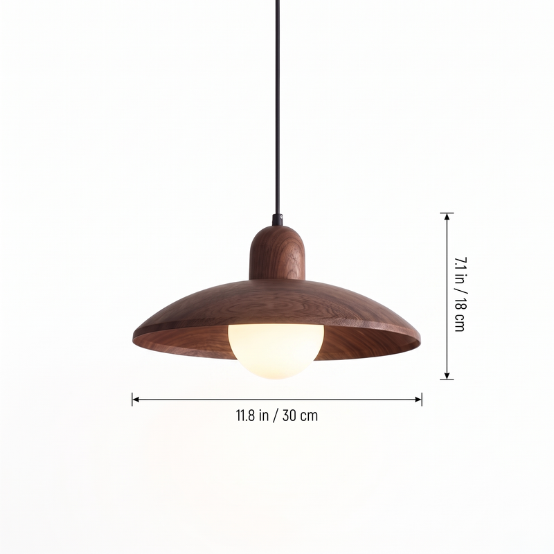 Walnut-finish dome pendant light dimensions with size labels