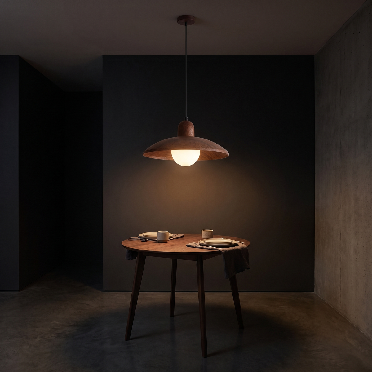 Walnut-finish dome pendant light shown to scale, over a small round dining table for two
