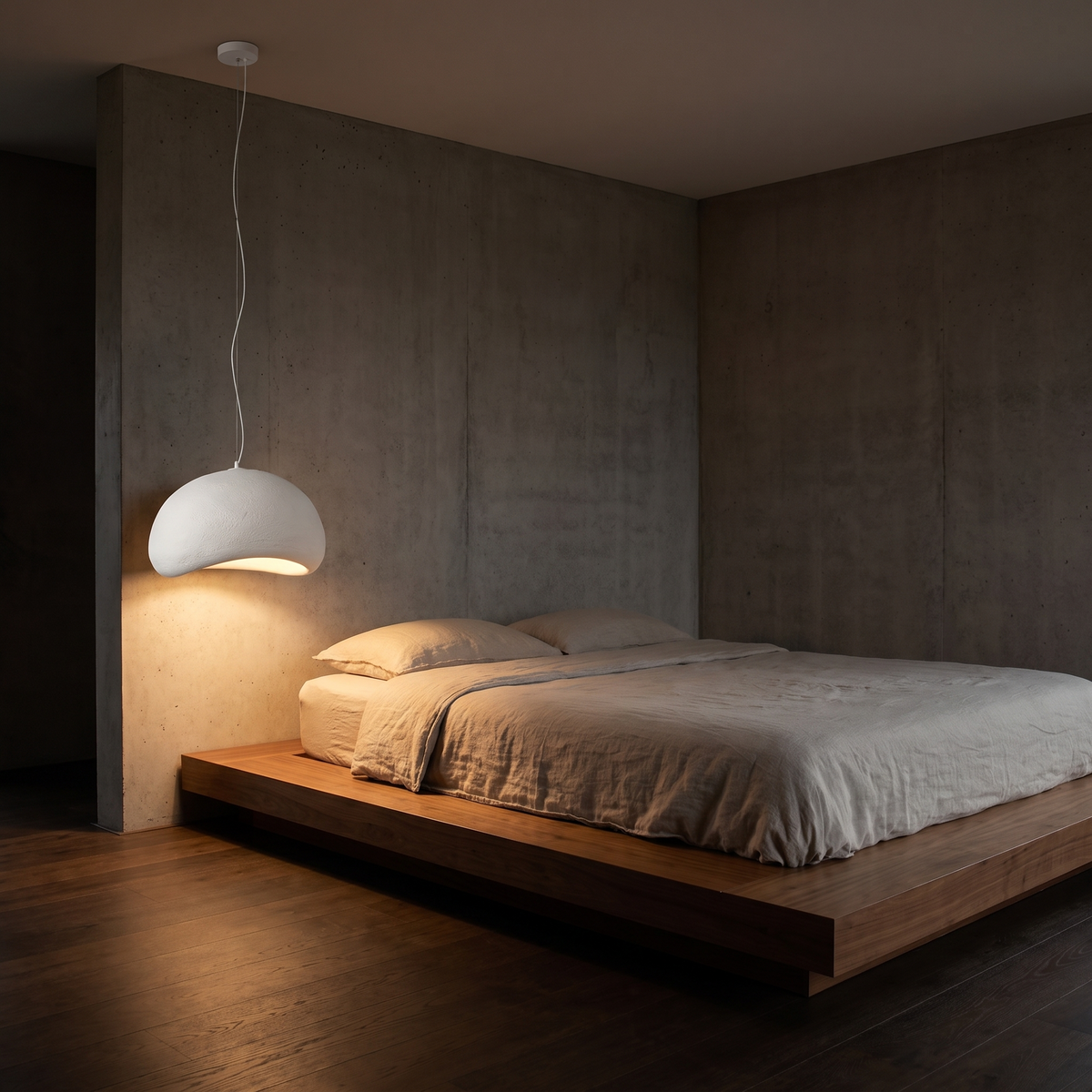 Japandi white cloud pendant light, hanging beside a low platform bed in a calm bedroom