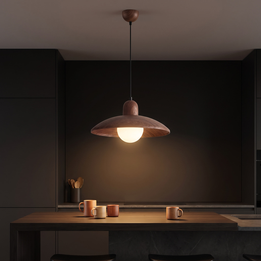 Walnut-finish dome pendant light, hanging over a kitchen breakfast counter with ceramic mugs