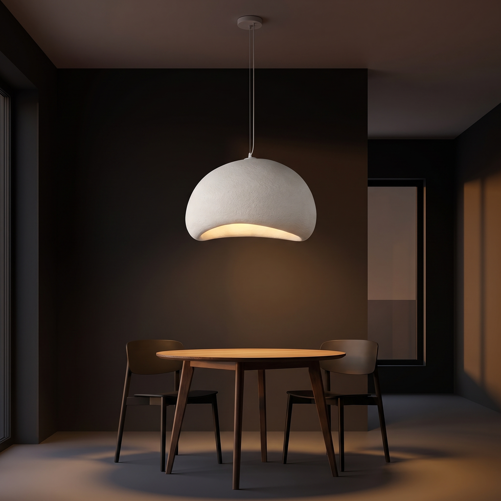 Japandi white cloud pendant light shown to scale, over a small round dining table for two