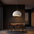 Japandi white cloud pendant light shown to scale, over a small round dining table for two