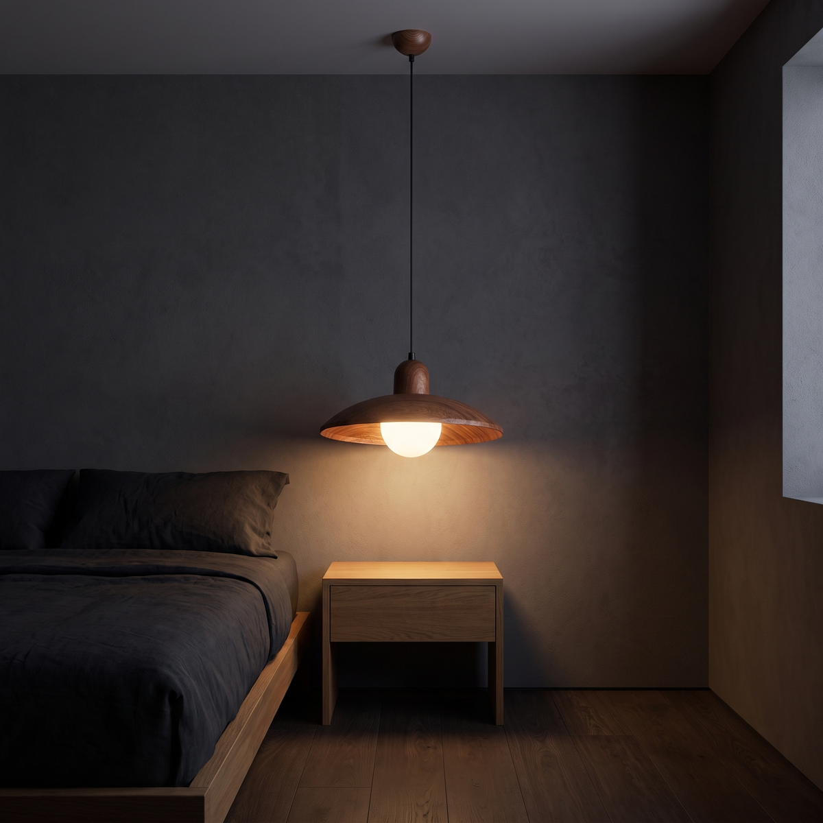 Walnut-finish dome pendant light, hanging beside a bed over an oak nightstand