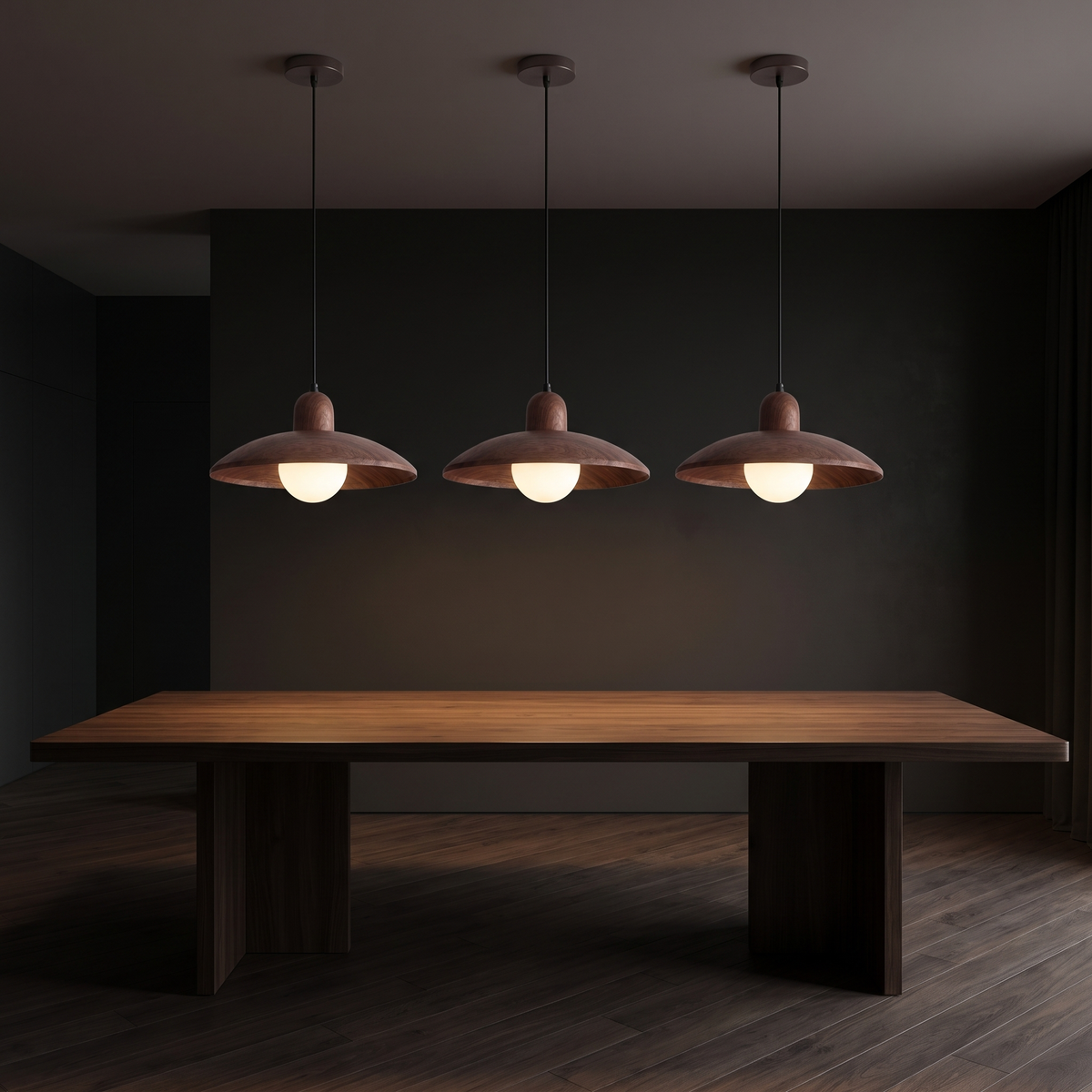 Walnut-finish dome pendant lights, a row of three hanging over a dark walnut dining table