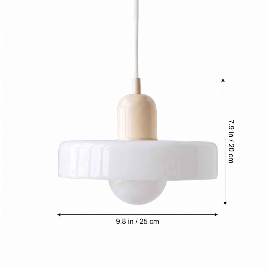 Two-tone colored glass halo pendant light dimensions with size labels