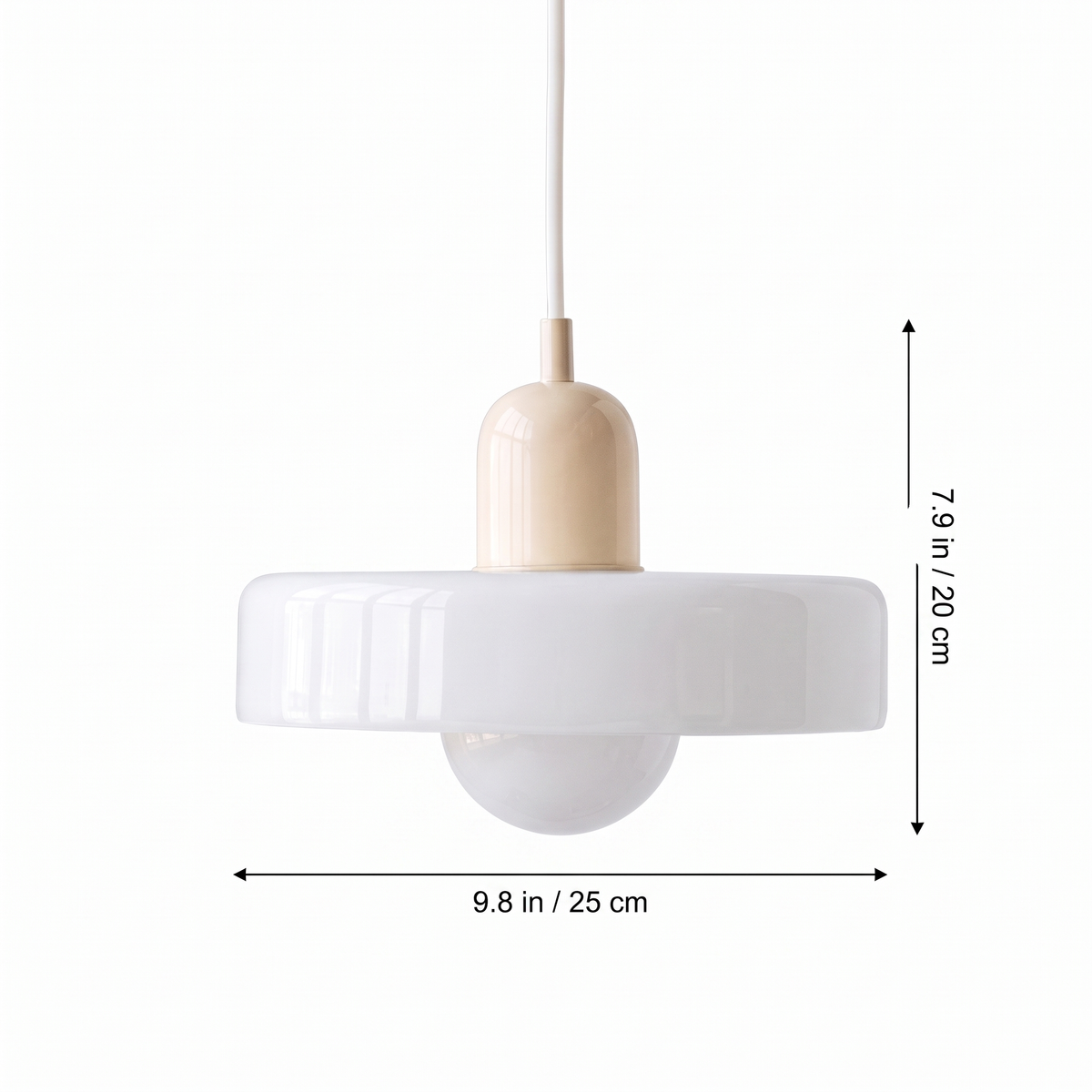 Two-tone colored glass halo pendant light dimensions with size labels
