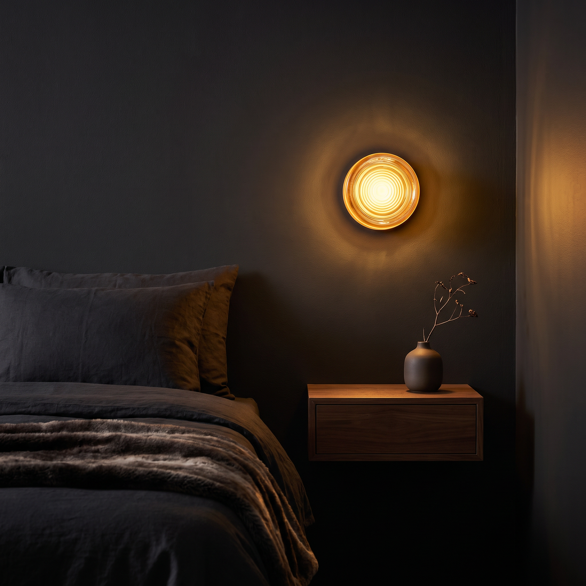Round acrylic LED wall sconce shown to scale beside a bed above a nightstand