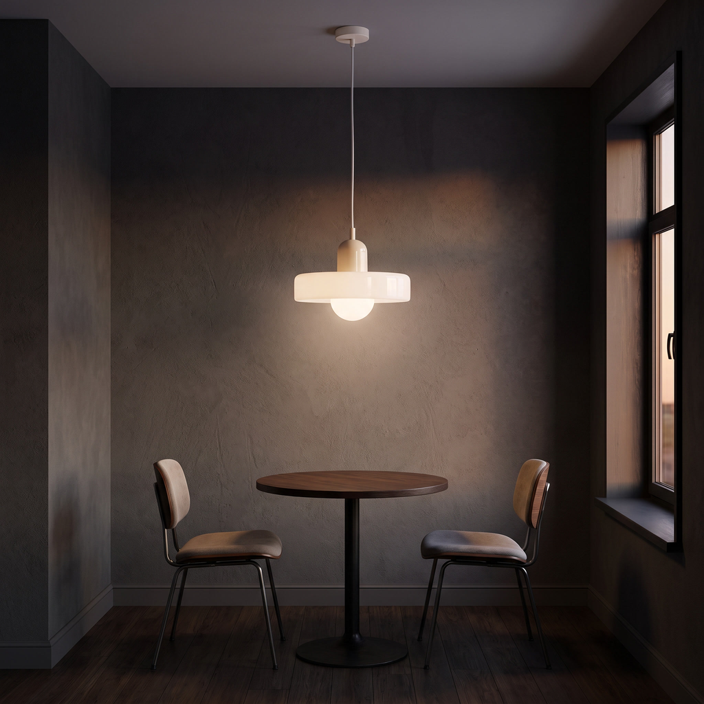 Two-tone colored glass halo pendant light hanging over a small bistro table in a retro-modern breakfast nook