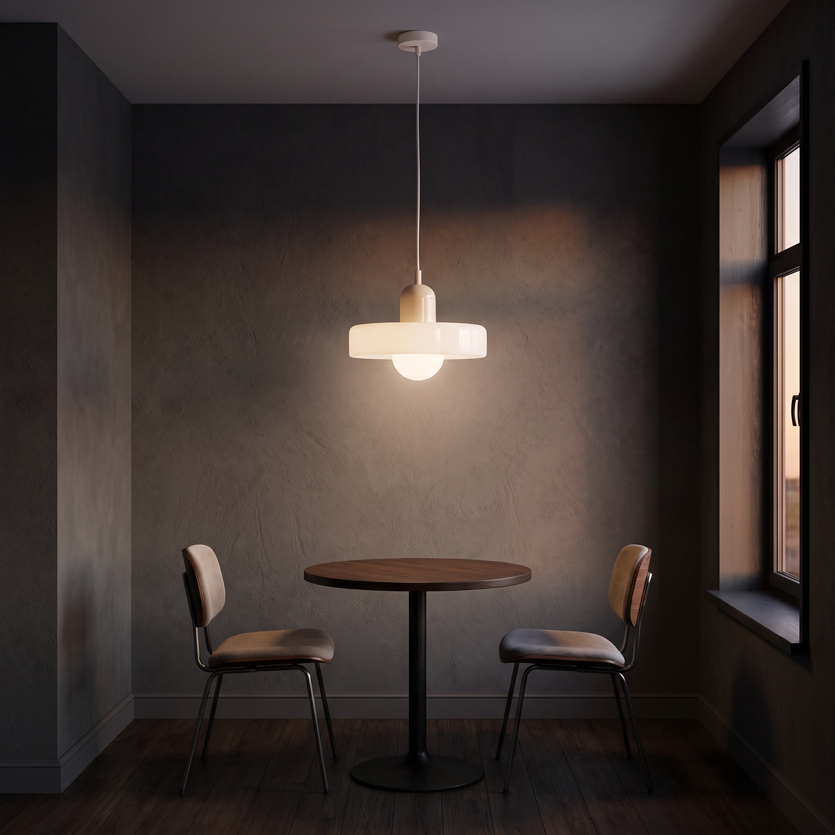 Two-tone colored glass halo pendant light hanging over a small bistro table in a retro-modern breakfast nook