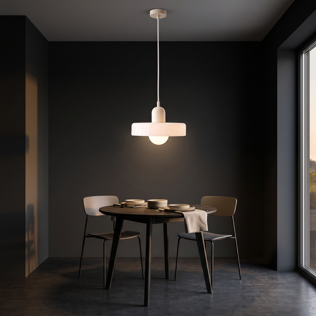 Two-tone colored glass halo pendant light shown to scale, over a small round table for two