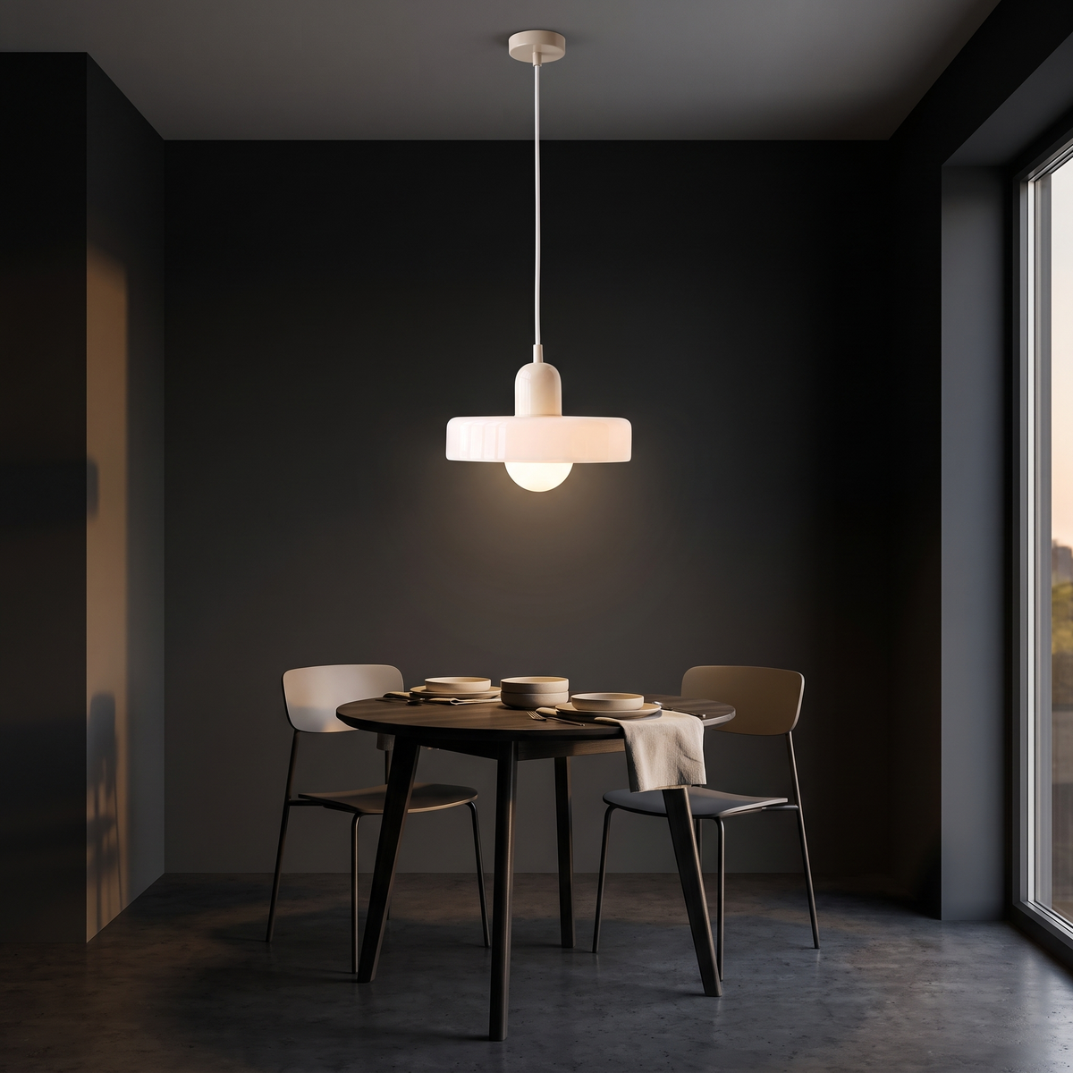 Two-tone colored glass halo pendant light shown to scale, over a small round table for two