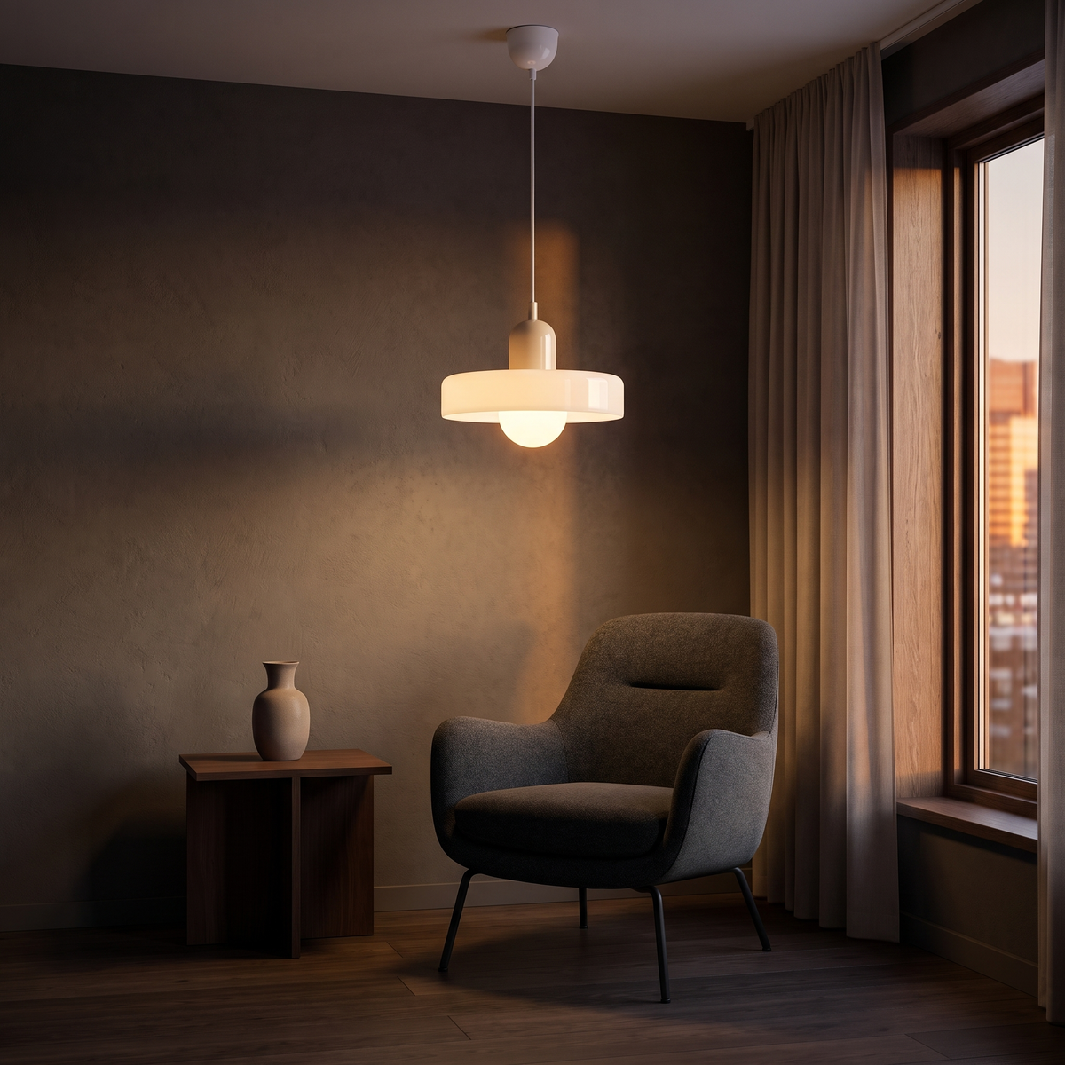Two-tone colored glass halo pendant light hanging over a reading chair in a warm living room