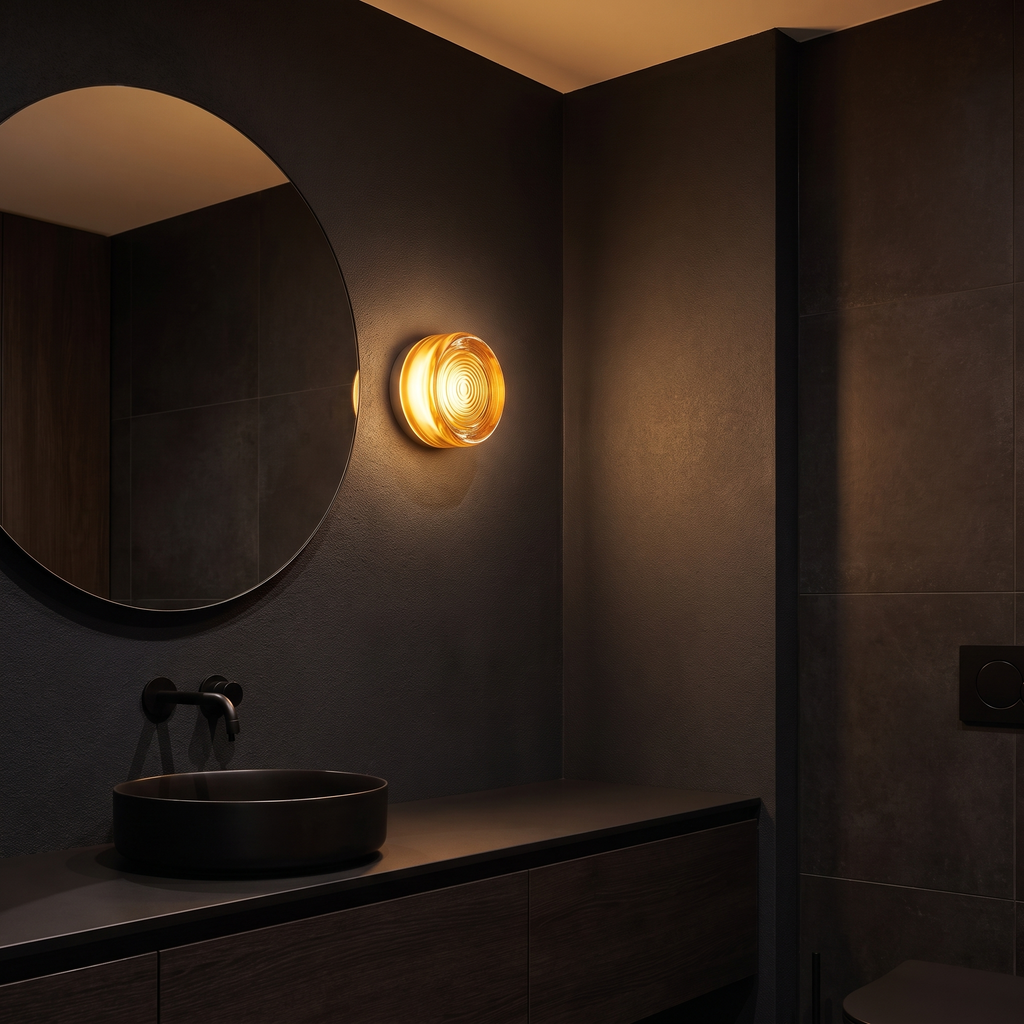 Round acrylic LED wall sconce beside a round mirror in a dark powder room