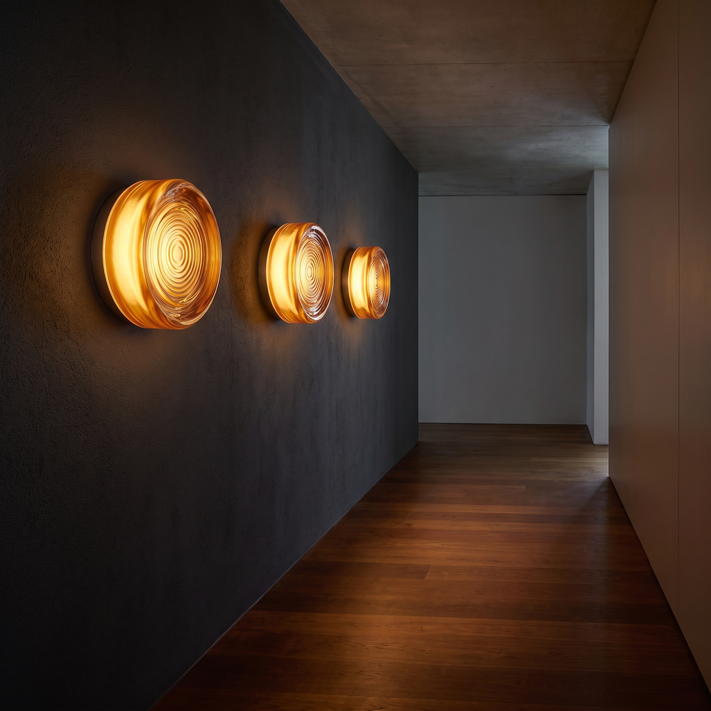 Round acrylic LED wall sconces, three in a row along a dark hallway wall